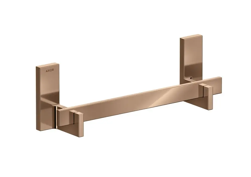 Wandmontierte Haltestange in poliertem Rotgold von AXOR mit rechteckiger Form und schlichten, geometrischen Elementen.